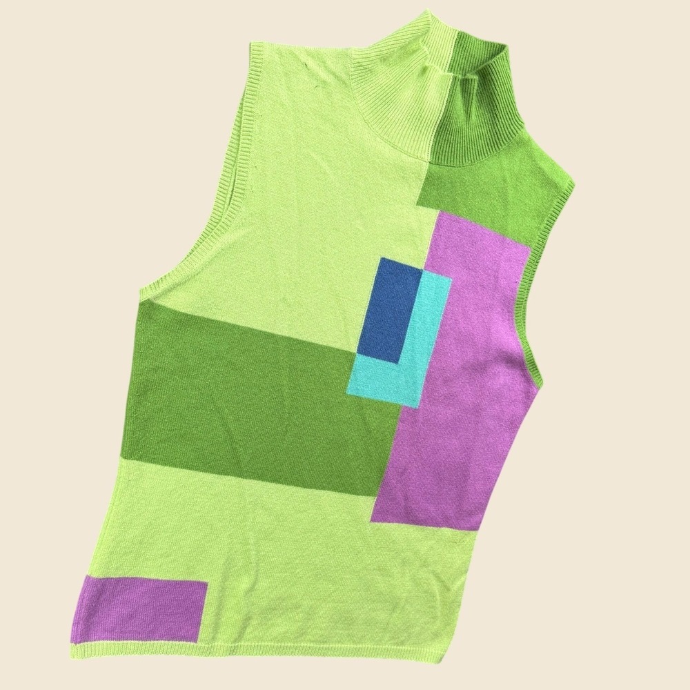 Rare tseSAY Sweater Vest‎ Women M Colorblock Mock Neck 100% Cashmere Geometric